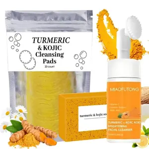 3-Piece Turmeric Skincare Set with Bar Soap, Mousse Cleanser & Pad for a Nourishing Deep Cleanse, Face Care Products for All Skin Types